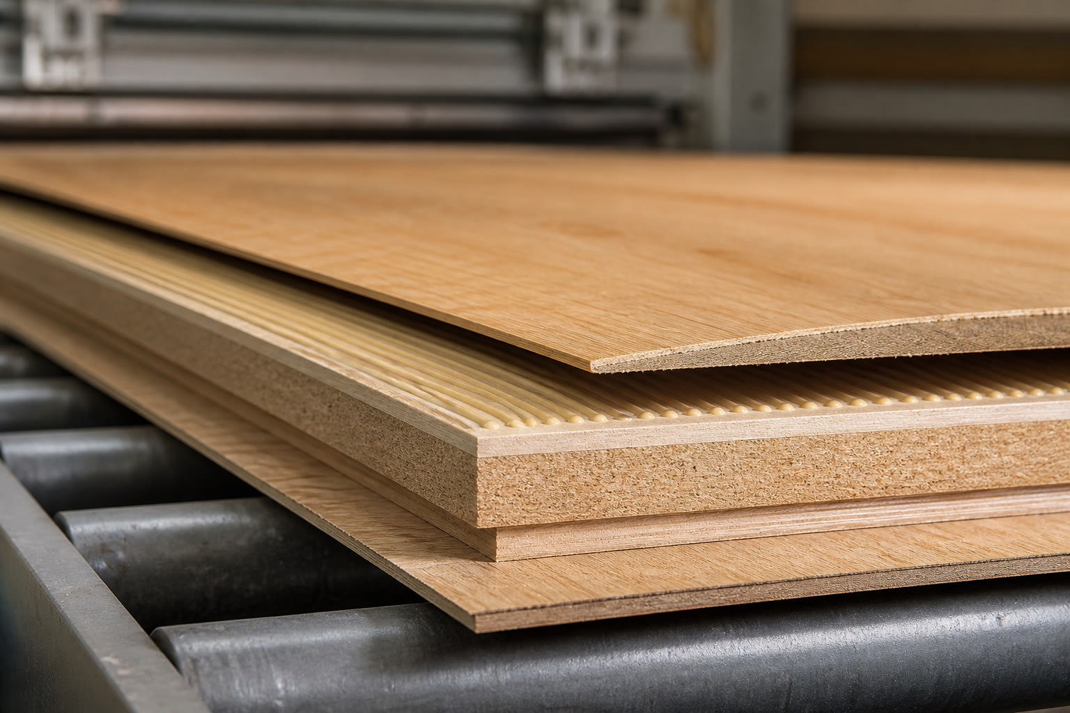 Engineered wood flooring being laminated